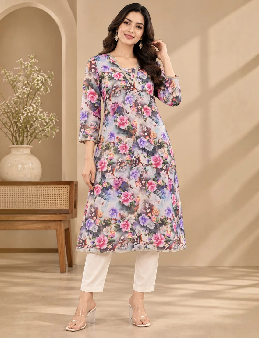 Women Cotton Floral Print Salwar Suit, 3/4 Sleeve Kurta with Pants