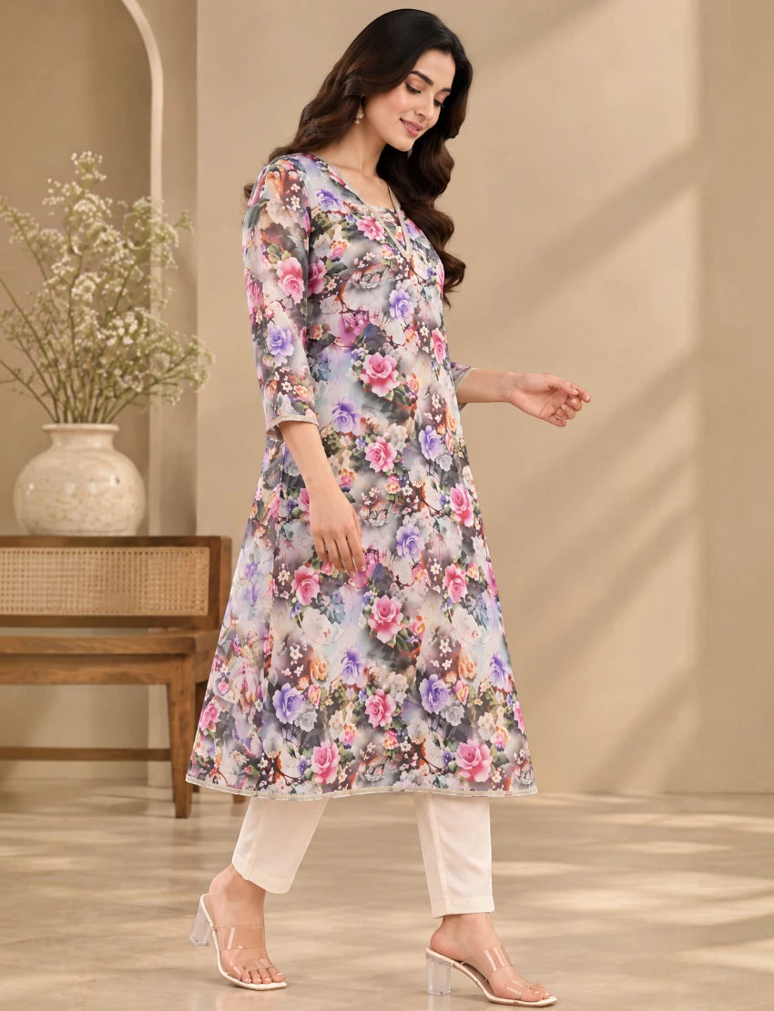 Women Cotton Floral Print Salwar Suit, 3/4 Sleeve Kurta with Pants