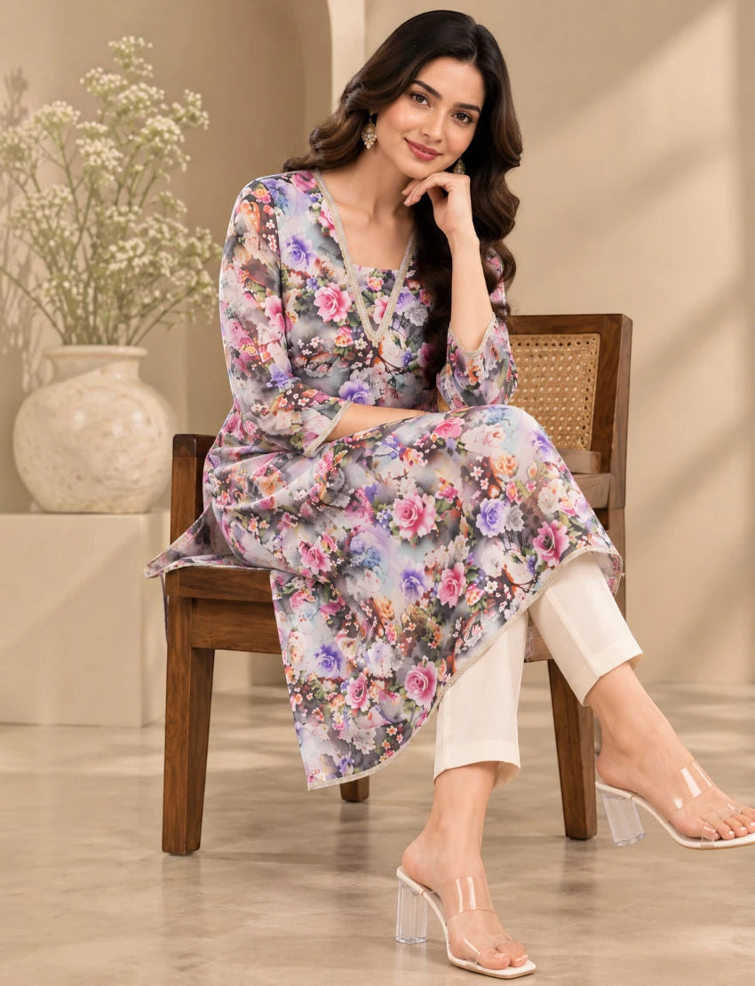 Women Cotton Floral Print Salwar Suit, 3/4 Sleeve Kurta with Pants