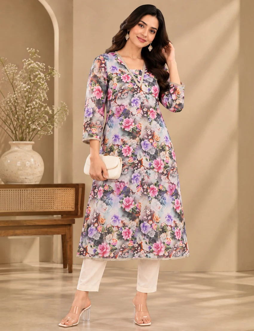 Women Cotton Floral Print Salwar Suit, 3/4 Sleeve Kurta with Pants