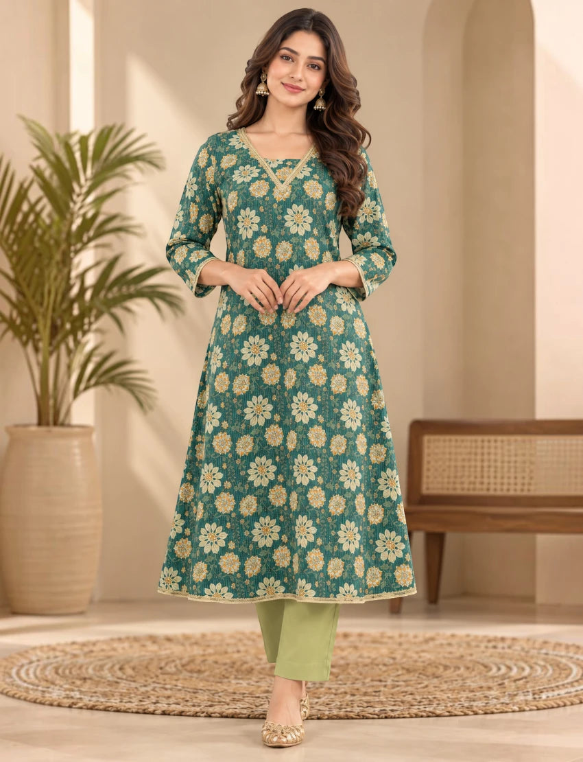 Women Cotton Salwar Suit Set, Teal Green Floral Embroidered Kurta with Dupatta and Pants