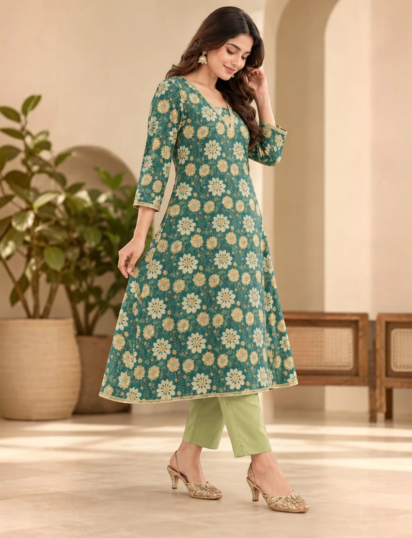 Women Cotton Salwar Suit Set, Teal Green Floral Embroidered Kurta with Dupatta and Pants