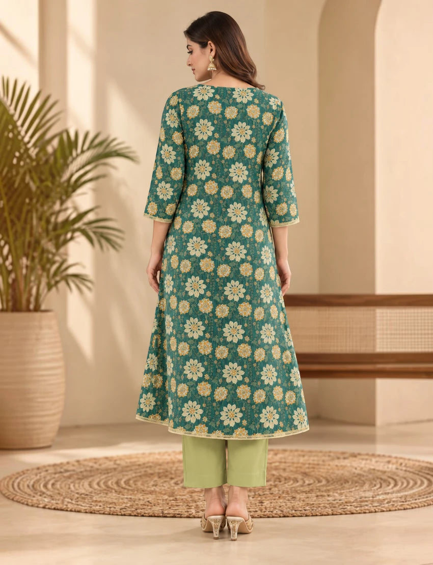 Women Cotton Salwar Suit Set, Teal Green Floral Embroidered Kurta with Dupatta and Pants