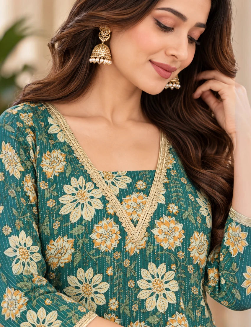 Women Cotton Salwar Suit Set, Teal Green Floral Embroidered Kurta with Dupatta and Pants