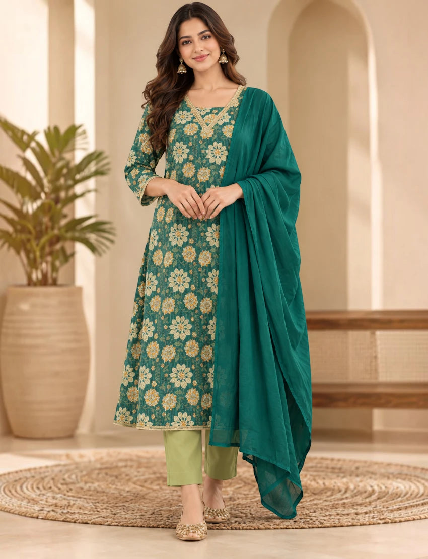 Women Cotton Salwar Suit Set, Teal Green Floral Embroidered Kurta with Dupatta and Pants