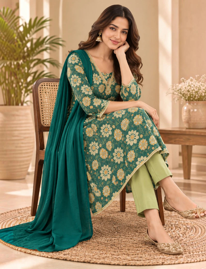 Women Cotton Salwar Suit Set, Teal Green Floral Embroidered Kurta with Dupatta and Pants