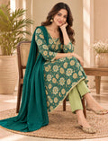 Women Cotton Salwar Suit Set, Teal Green Floral Embroidered Kurta with Dupatta and Pants