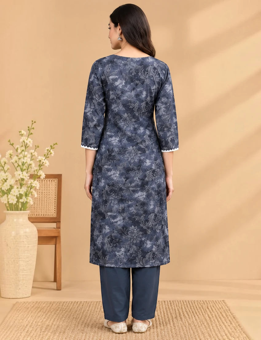 Grey Floral Cotton Kurta Set with Dupatta