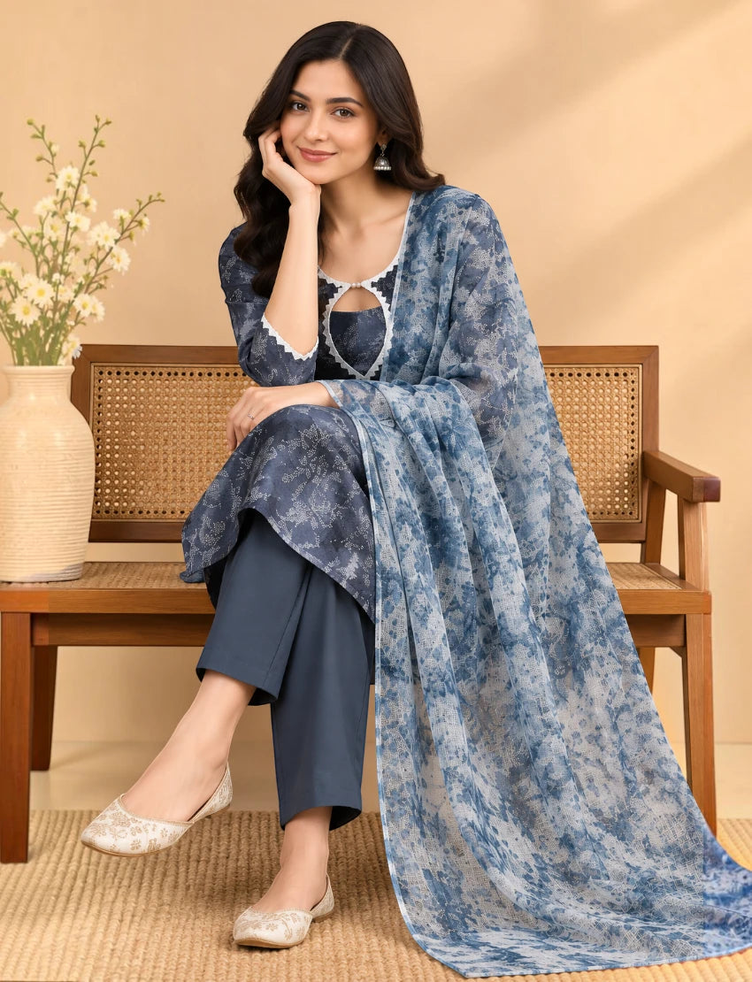Grey Floral Cotton Kurta Set with Dupatta