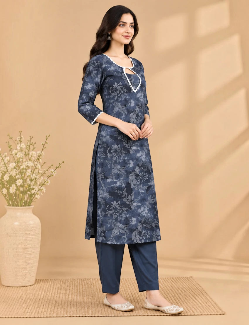 Grey Floral Cotton Kurta Set with Dupatta