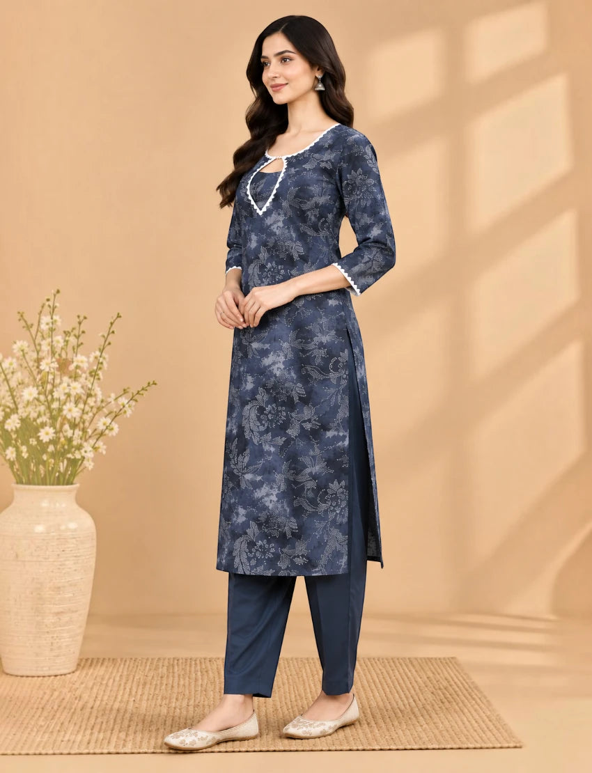Grey Floral Cotton Kurta Set with Dupatta