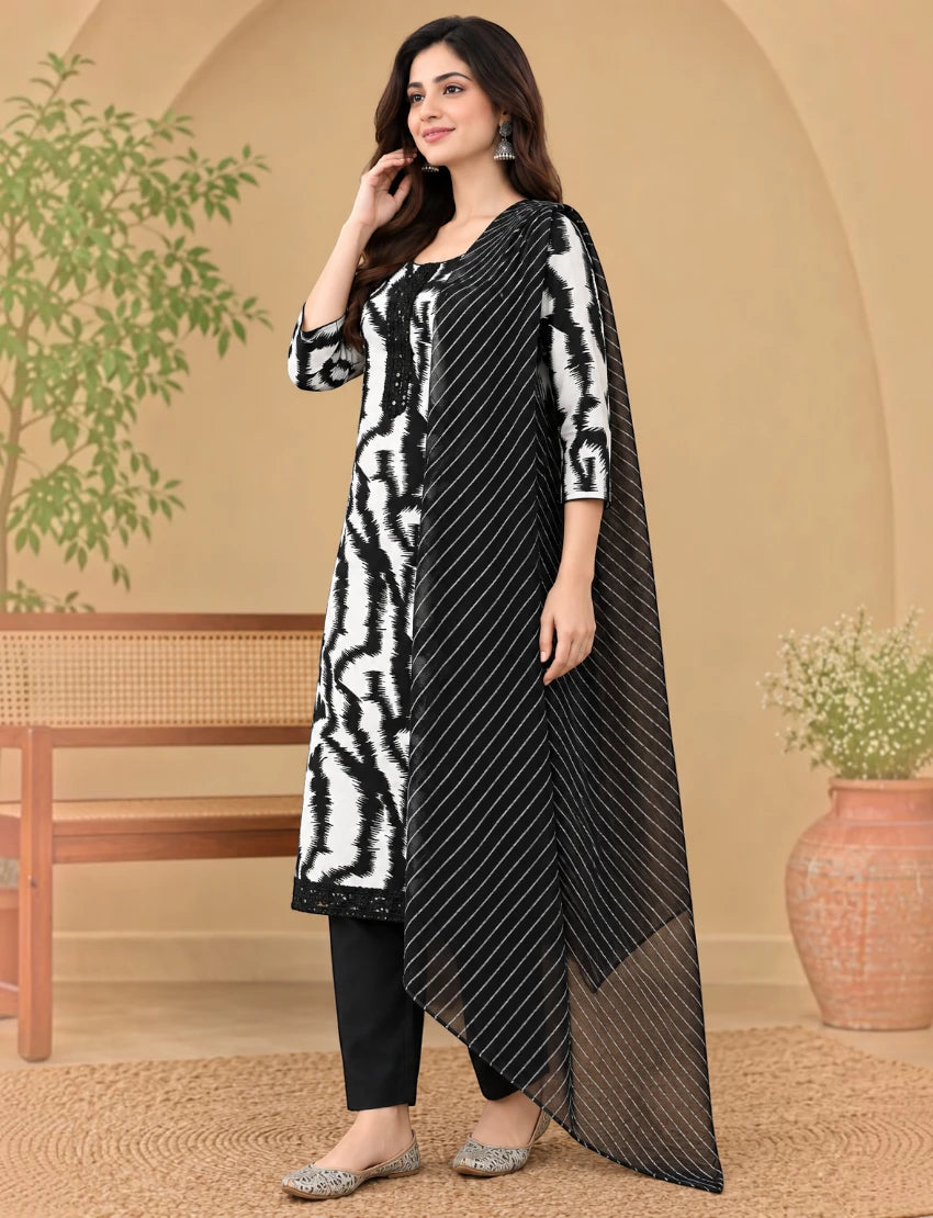 Abstract Zebra Print Cotton Kurta Set - White/Black