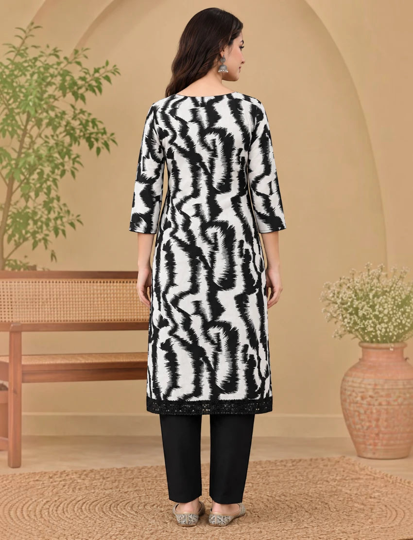 Abstract Zebra Print Cotton Kurta Set - White/Black