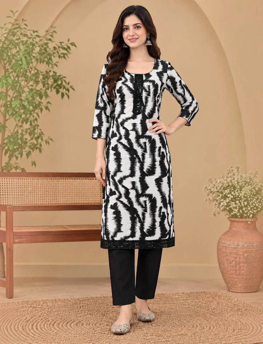 Abstract Zebra Print Cotton Kurta Set - White/Black