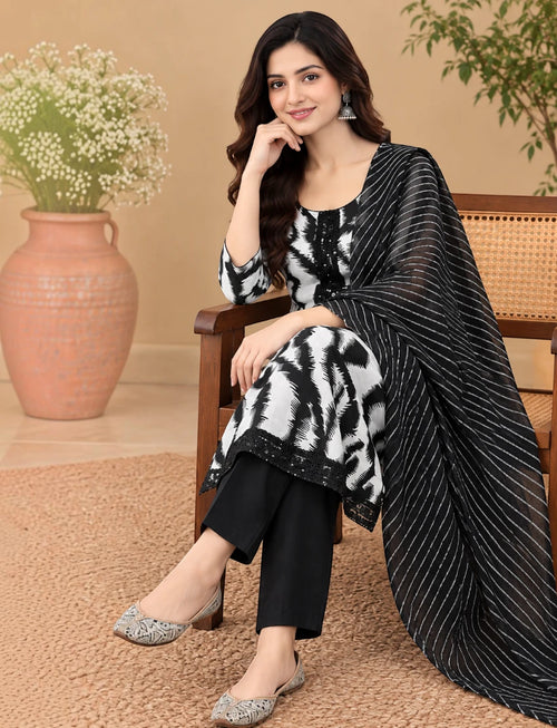 Abstract Zebra Print Cotton Kurta Set - White/Black