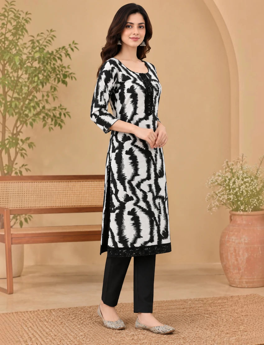 Abstract Zebra Print Cotton Kurta Set - White/Black