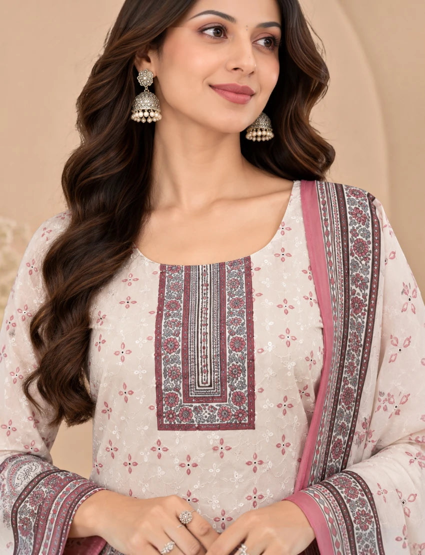 Printed Salwar Suit Set with Dupatta for Women (embroidered kurta - Maroon)