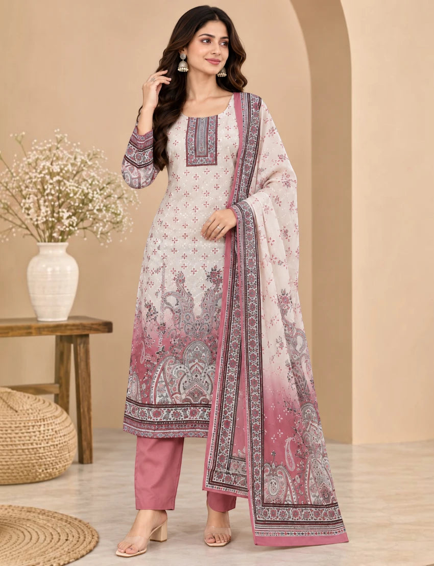 Printed Salwar Suit Set with Dupatta for Women (embroidered kurta - Maroon)