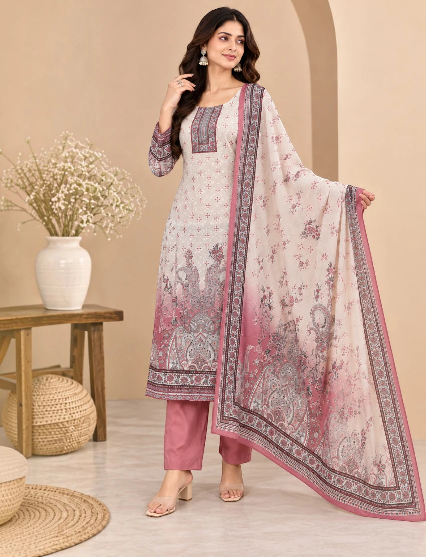 Printed Salwar Suit Set with Dupatta for Women (embroidered kurta - Maroon)
