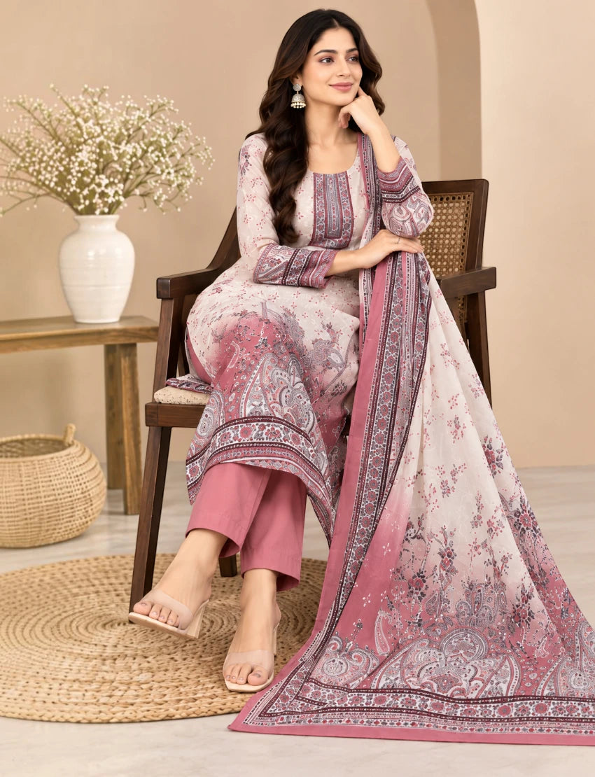 Printed Salwar Suit Set with Dupatta for Women (embroidered kurta - Maroon)