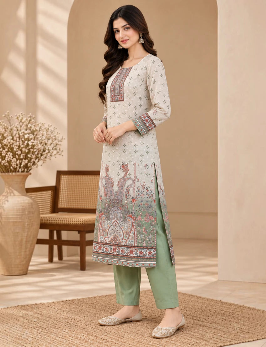 Printed Salwar Suit Set with Dupatta for Women (embroidered kurta - Green)