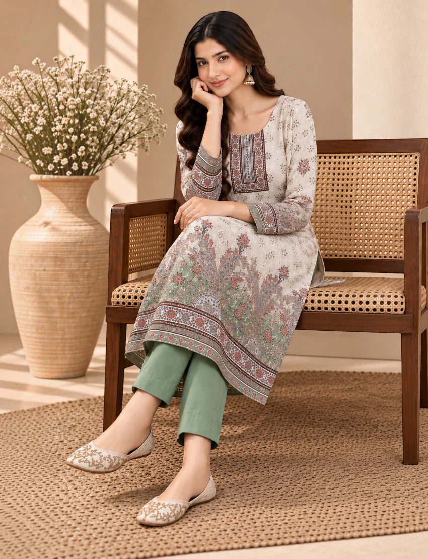 Printed Salwar Suit Set with Dupatta for Women (embroidered kurta - Green)