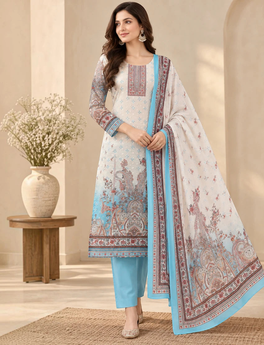Printed Salwar Suit Set with Dupatta for Women (embroidered kurta - Sky blue)