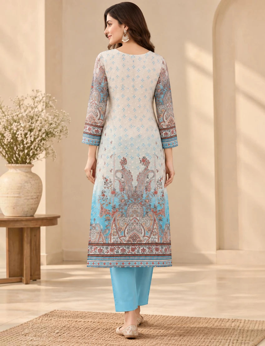 Printed Salwar Suit Set with Dupatta for Women (embroidered kurta - Sky blue)