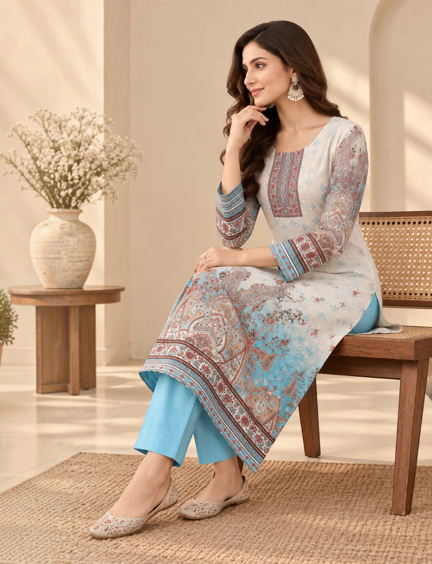 Printed Salwar Suit Set with Dupatta for Women (embroidered kurta - Sky blue)