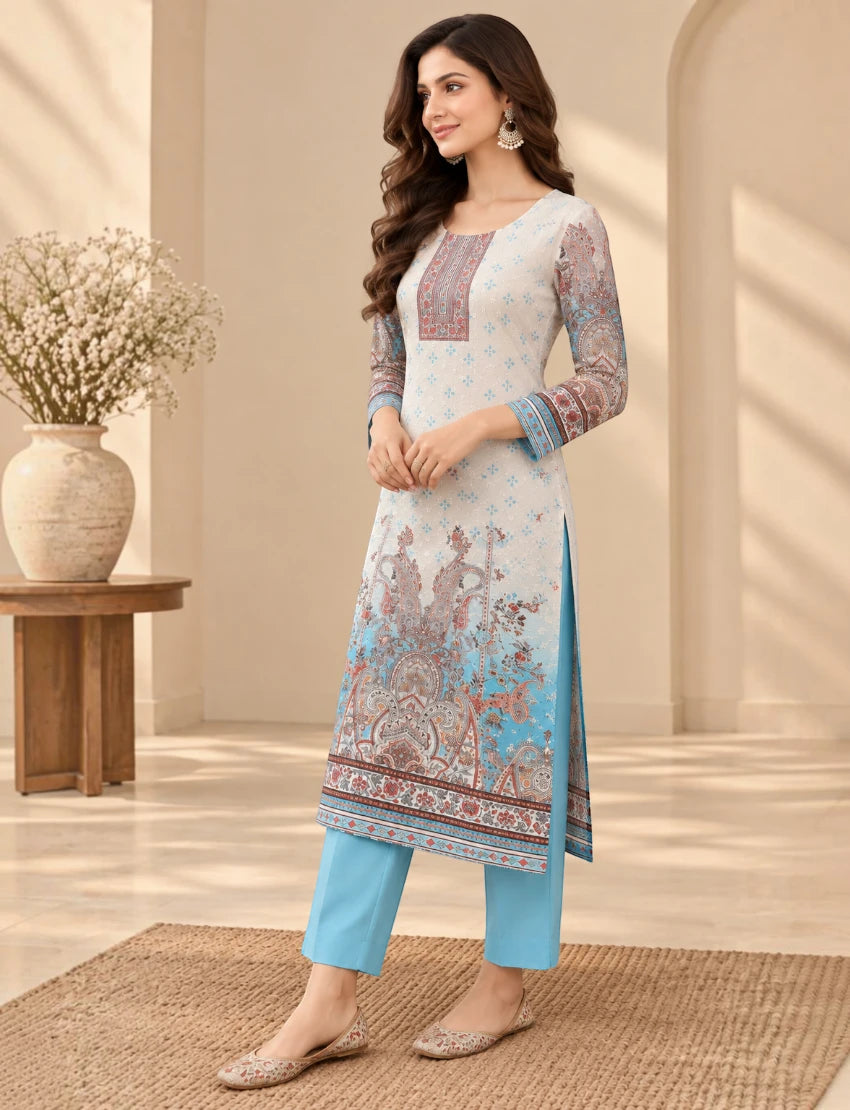 Printed Salwar Suit Set with Dupatta for Women (embroidered kurta - Sky blue)