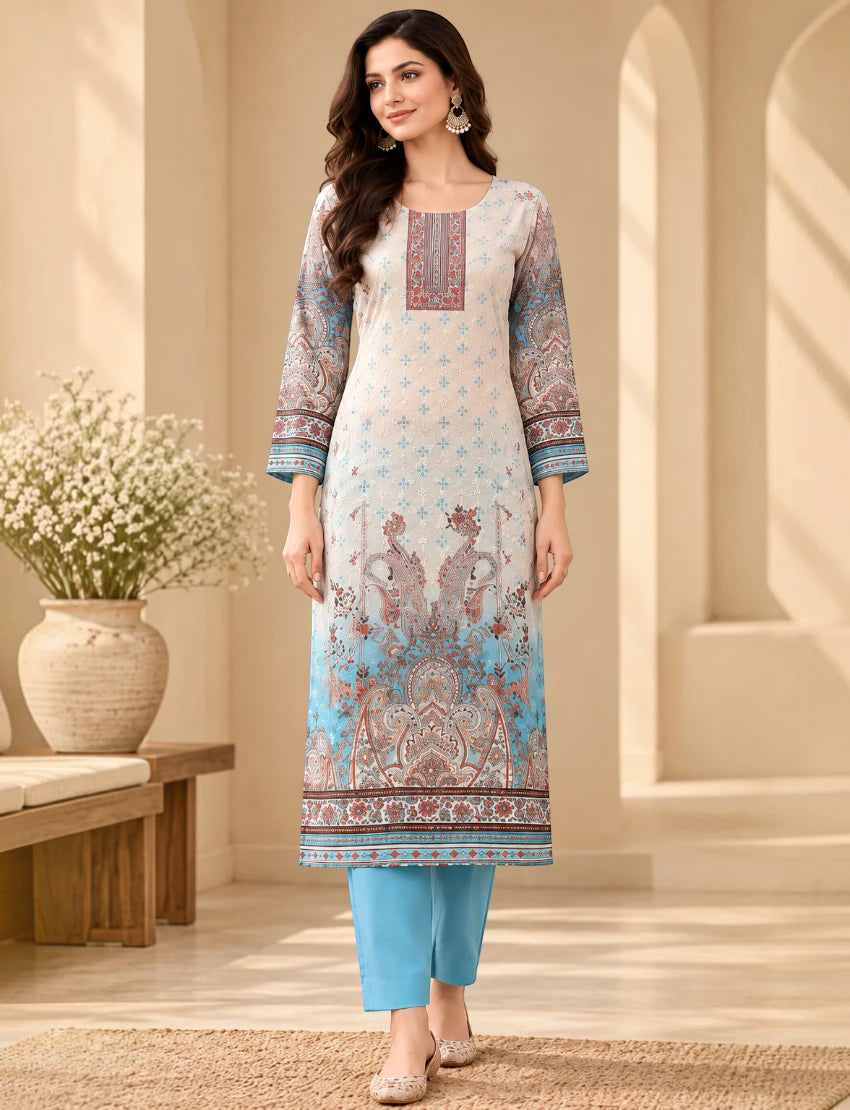 Printed Salwar Suit Set with Dupatta for Women (embroidered kurta - Sky blue)