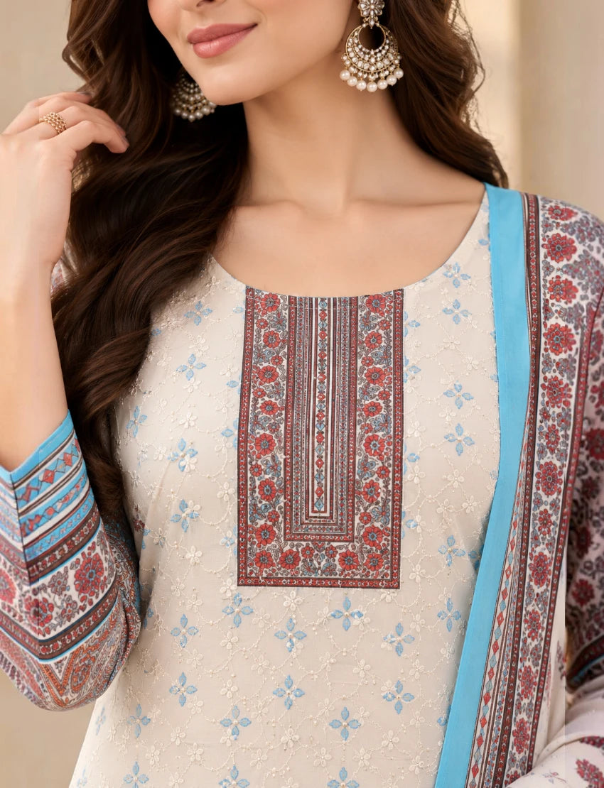 Printed Salwar Suit Set with Dupatta for Women (embroidered kurta - Sky blue)