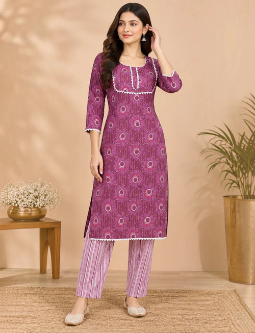 Maroon Cotton Kurta Set with Lace for Daily Wear