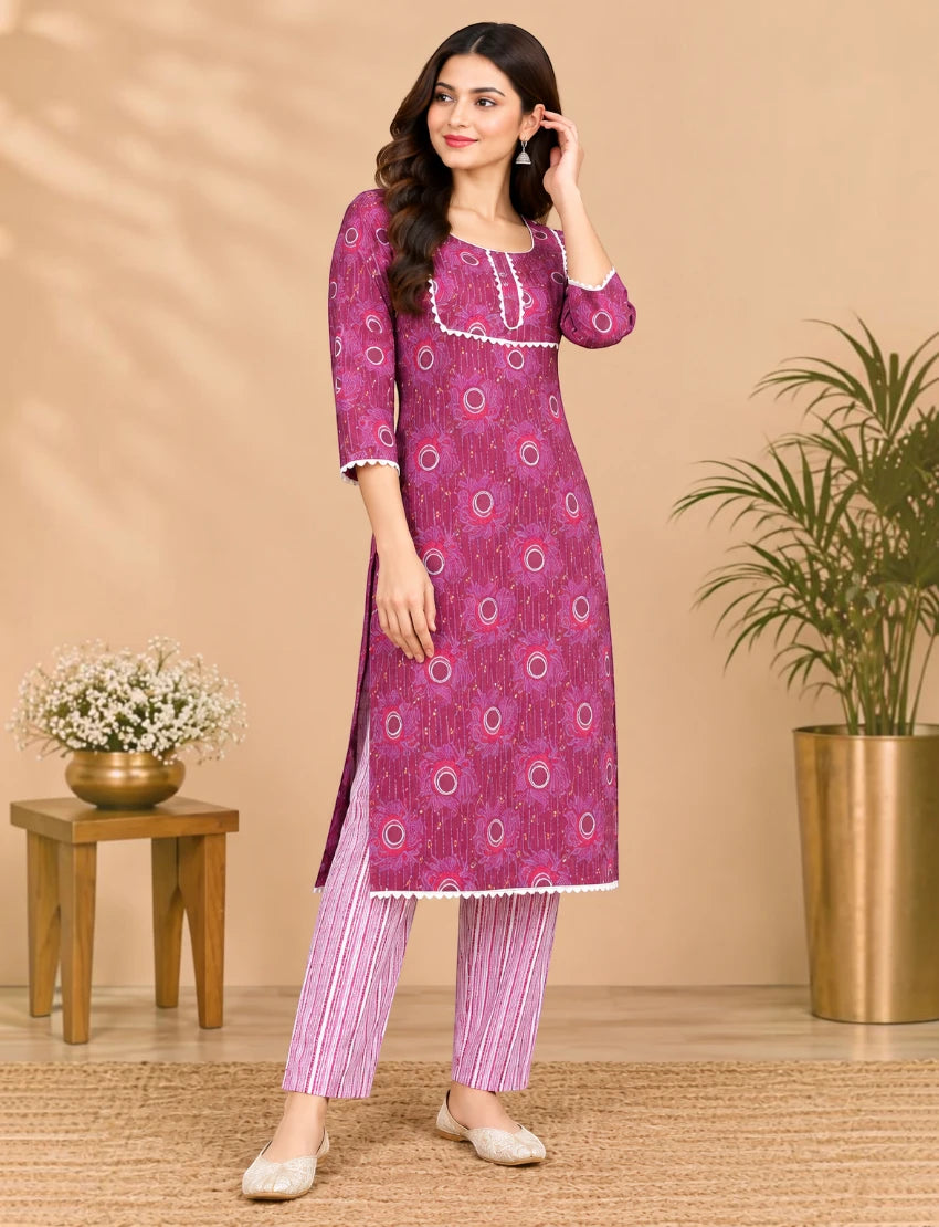 Maroon Cotton Kurta Set with Lace for Daily Wear