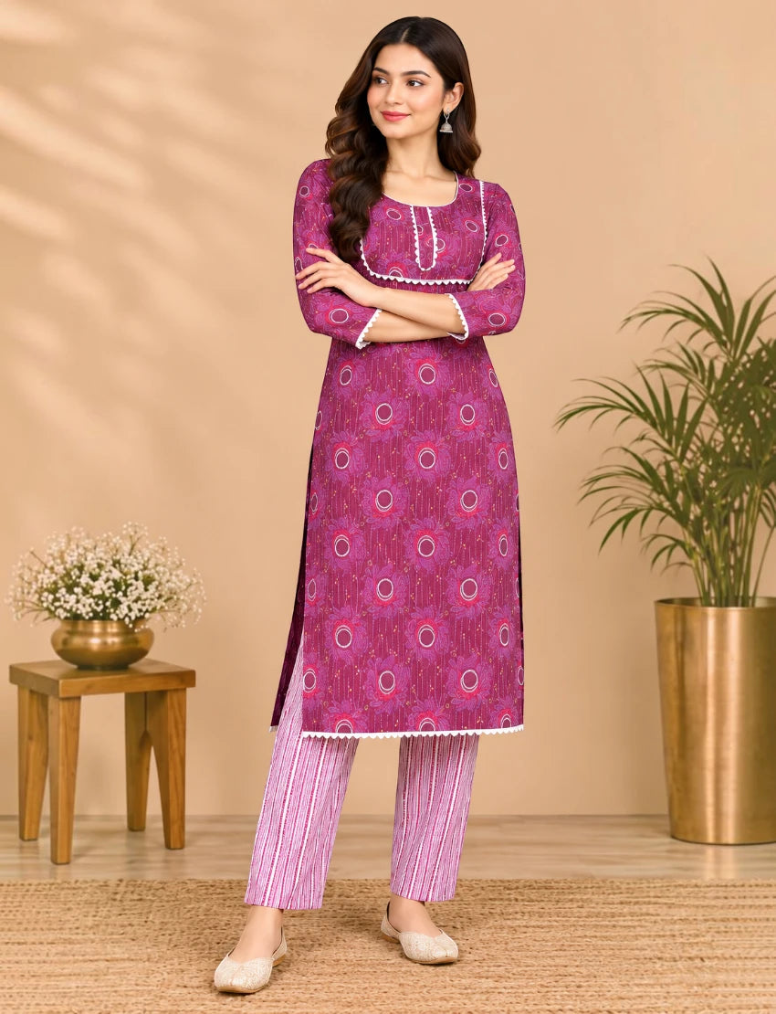 Maroon Cotton Kurta Set with Lace for Daily Wear