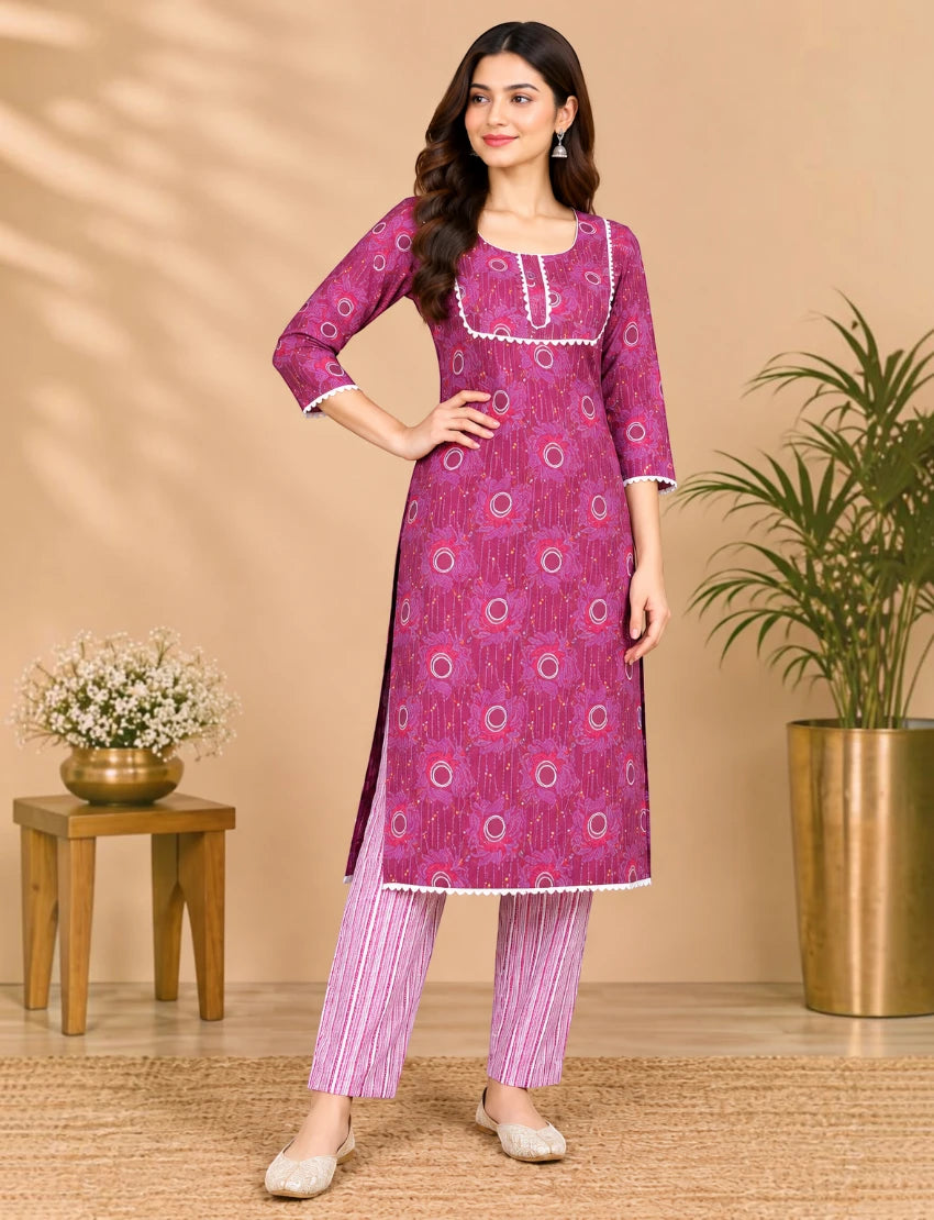Maroon Cotton Kurta Set with Lace for Daily Wear