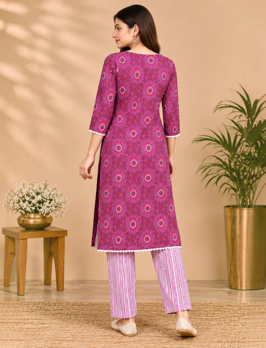 Maroon Cotton Kurta Set with Lace for Daily Wear