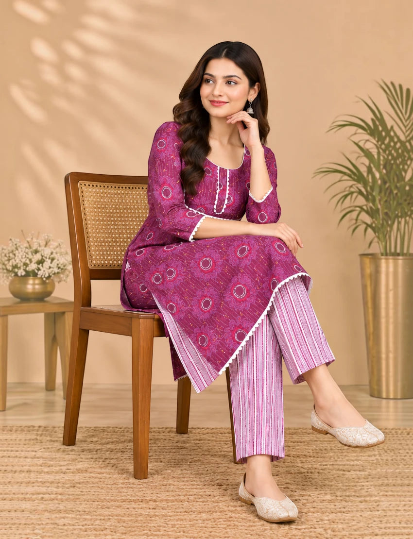 Maroon Cotton Kurta Set with Lace for Daily Wear