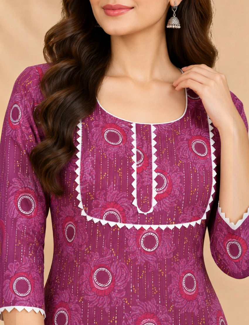 Maroon Cotton Kurta Set with Lace for Daily Wear