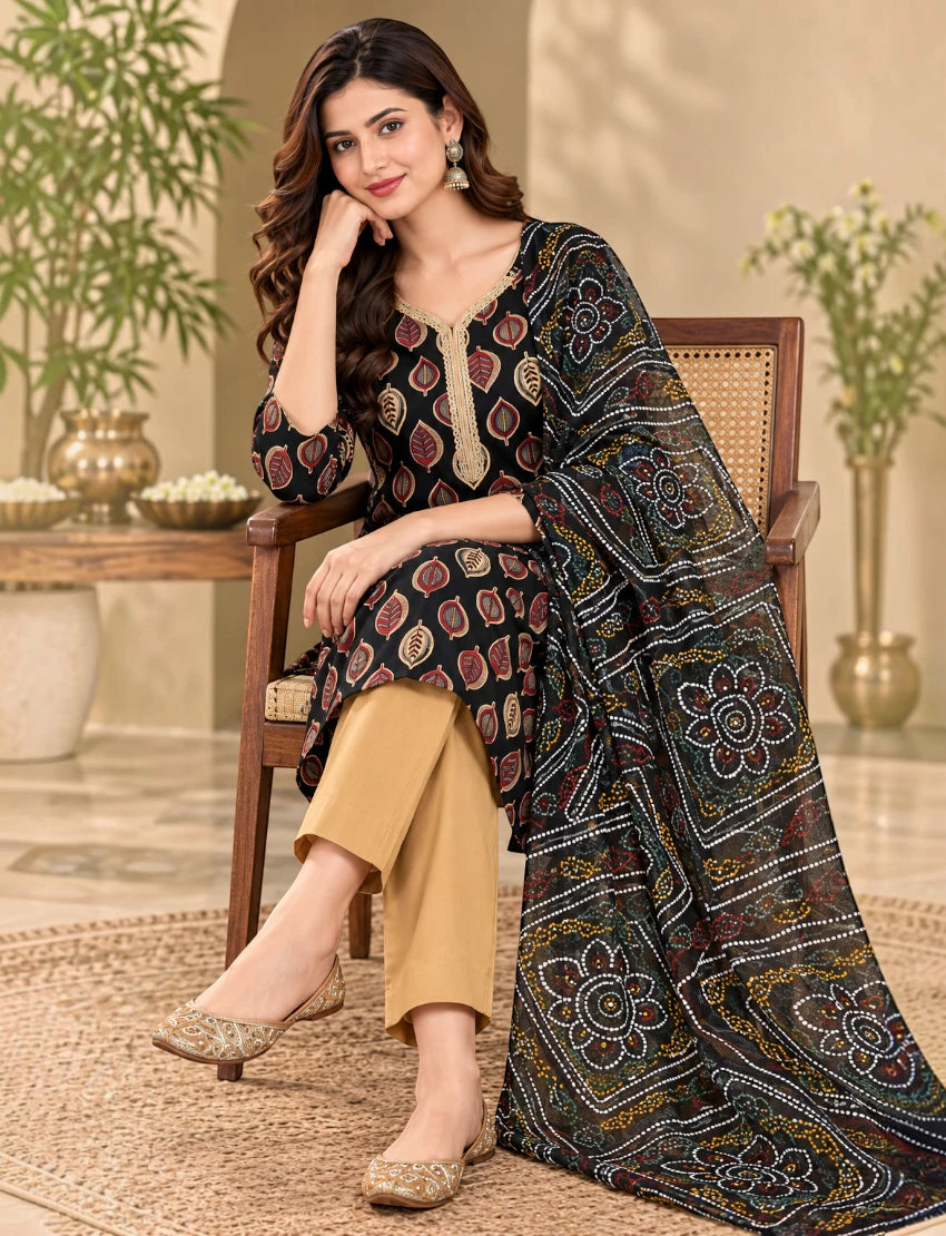 Paisley Print Cotton Kurta Set with Kota Doriya Dupatta