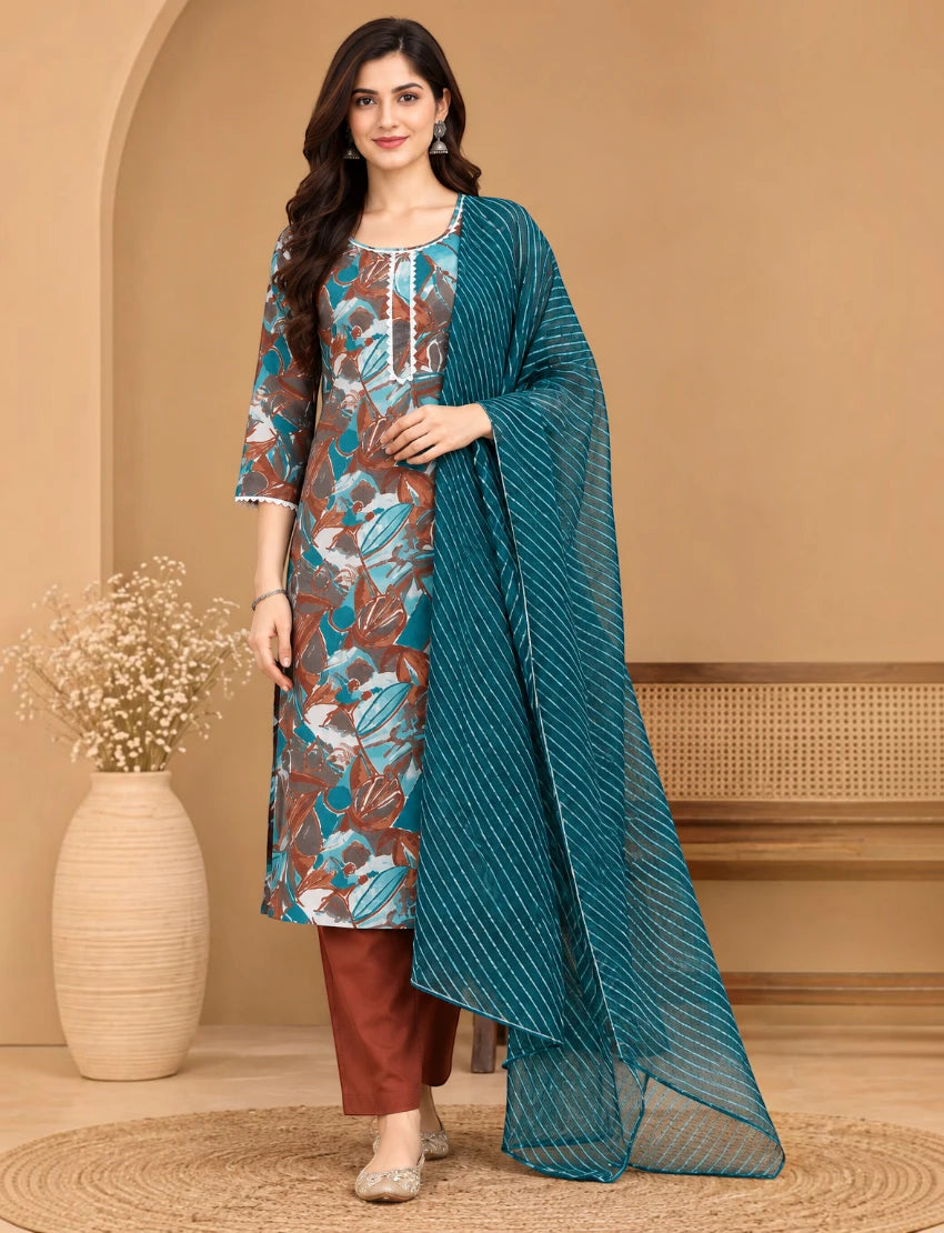 Cotton Printed Salwar Suit Set with Kota Doriya Dupatta - Multicolor