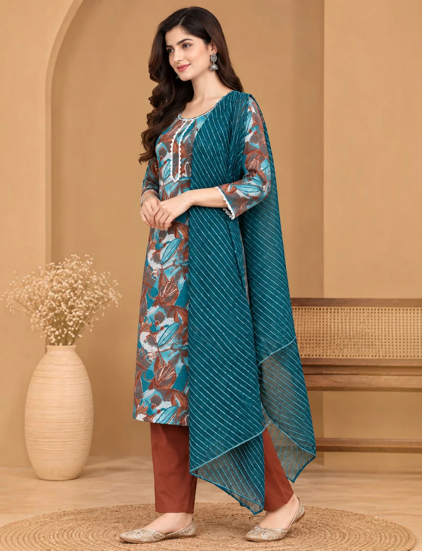 Cotton Printed Salwar Suit Set with Kota Doriya Dupatta - Multicolor