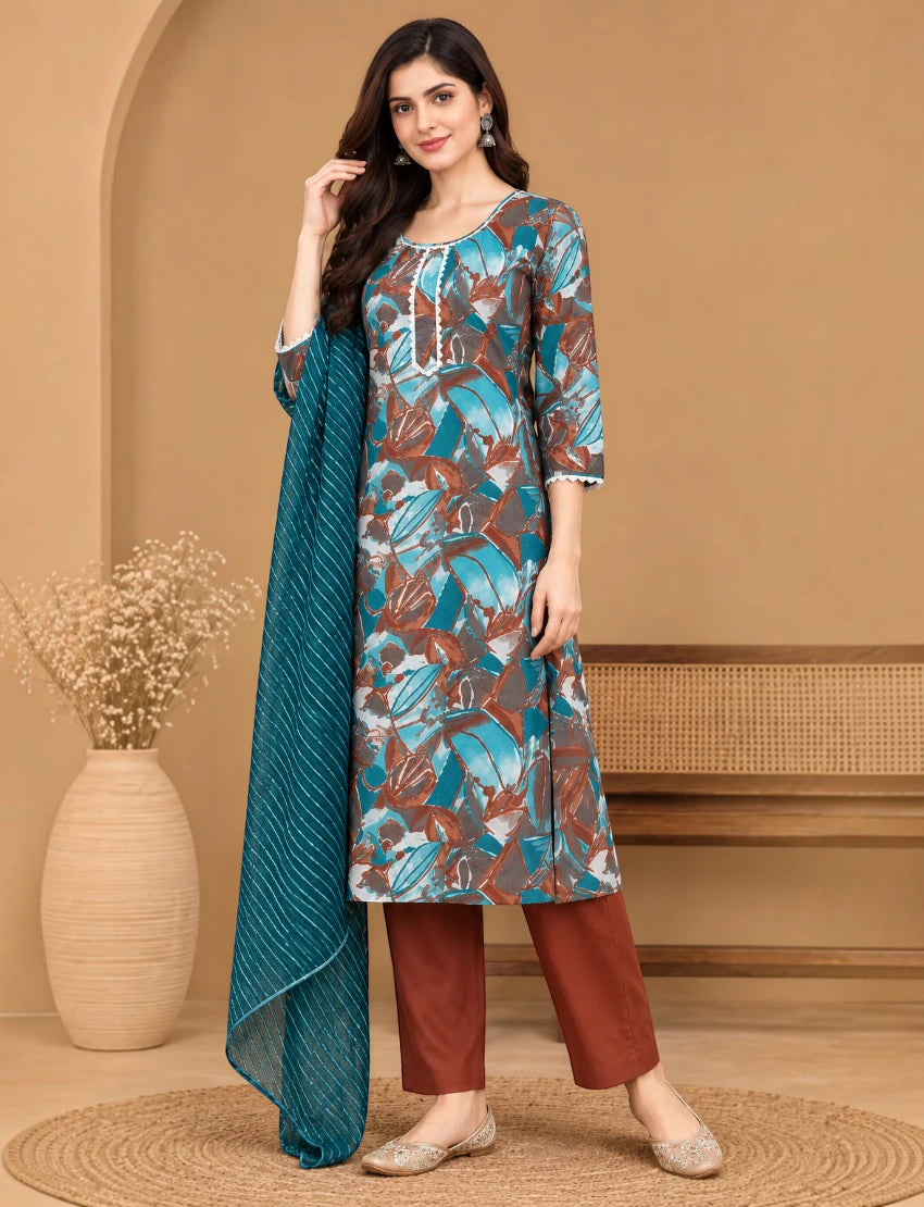 Cotton Printed Salwar Suit Set with Kota Doriya Dupatta - Multicolor