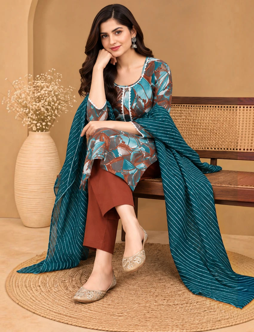 Cotton Printed Salwar Suit Set with Kota Doriya Dupatta - Multicolor