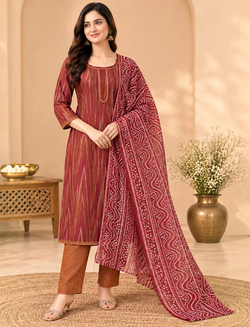 Khadi Maroon Salwar Suit Set with Kota Doriya Dupatta