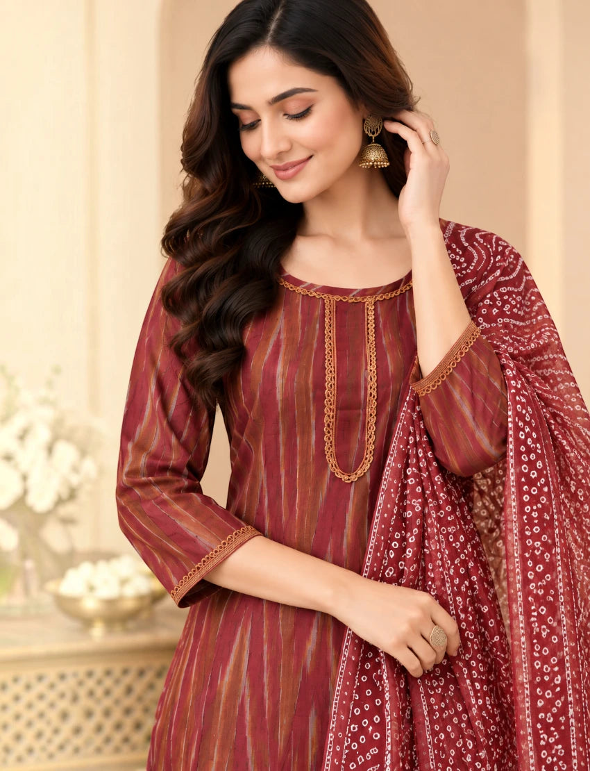 Khadi Maroon Salwar Suit Set with Kota Doriya Dupatta