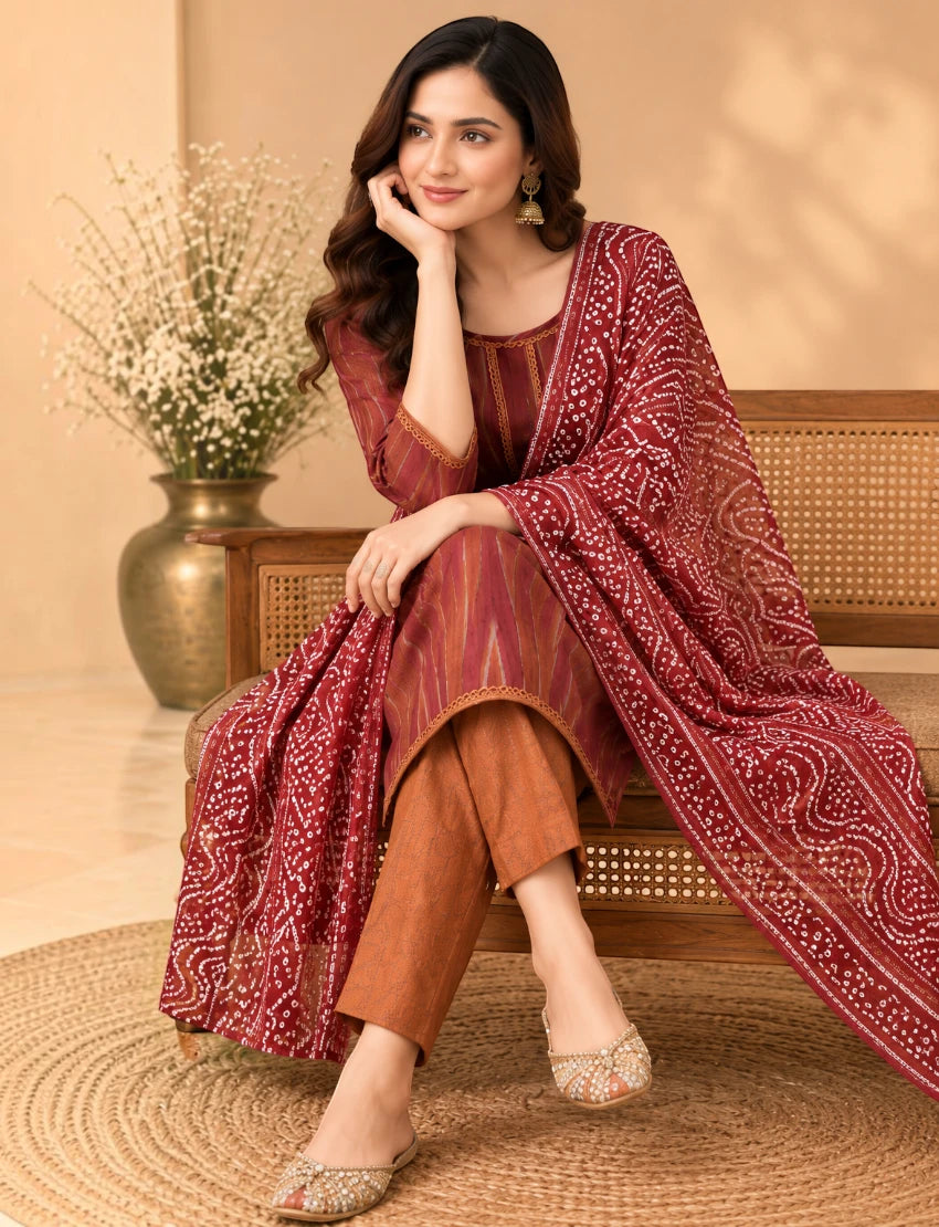 Khadi Maroon Salwar Suit Set with Kota Doriya Dupatta
