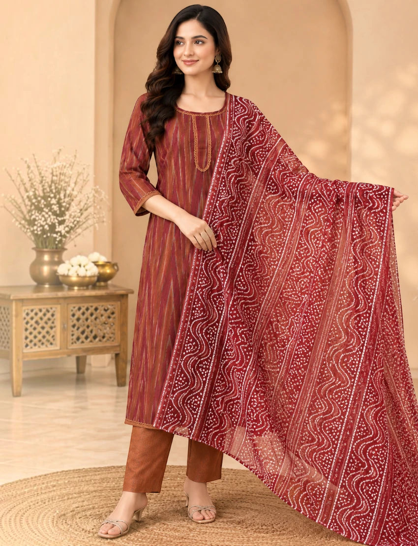 Khadi Maroon Salwar Suit Set with Kota Doriya Dupatta