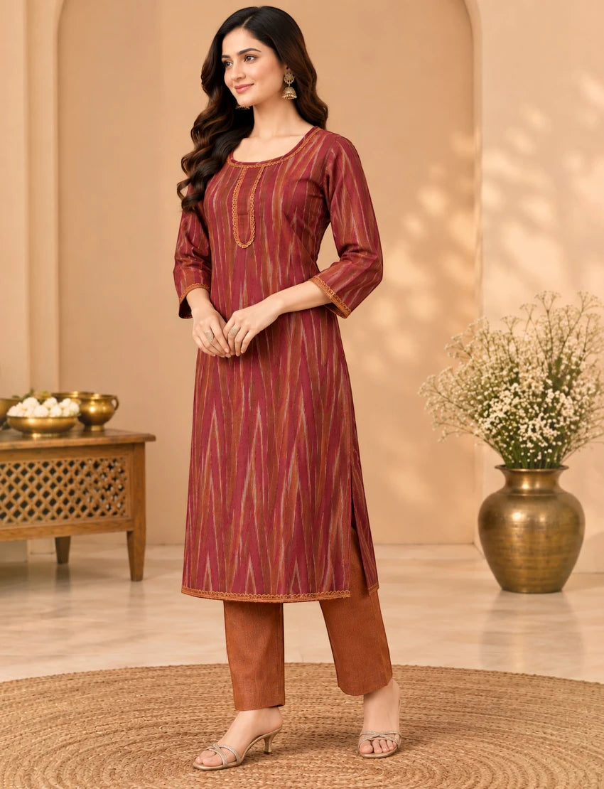Khadi Maroon Salwar Suit Set with Kota Doriya Dupatta