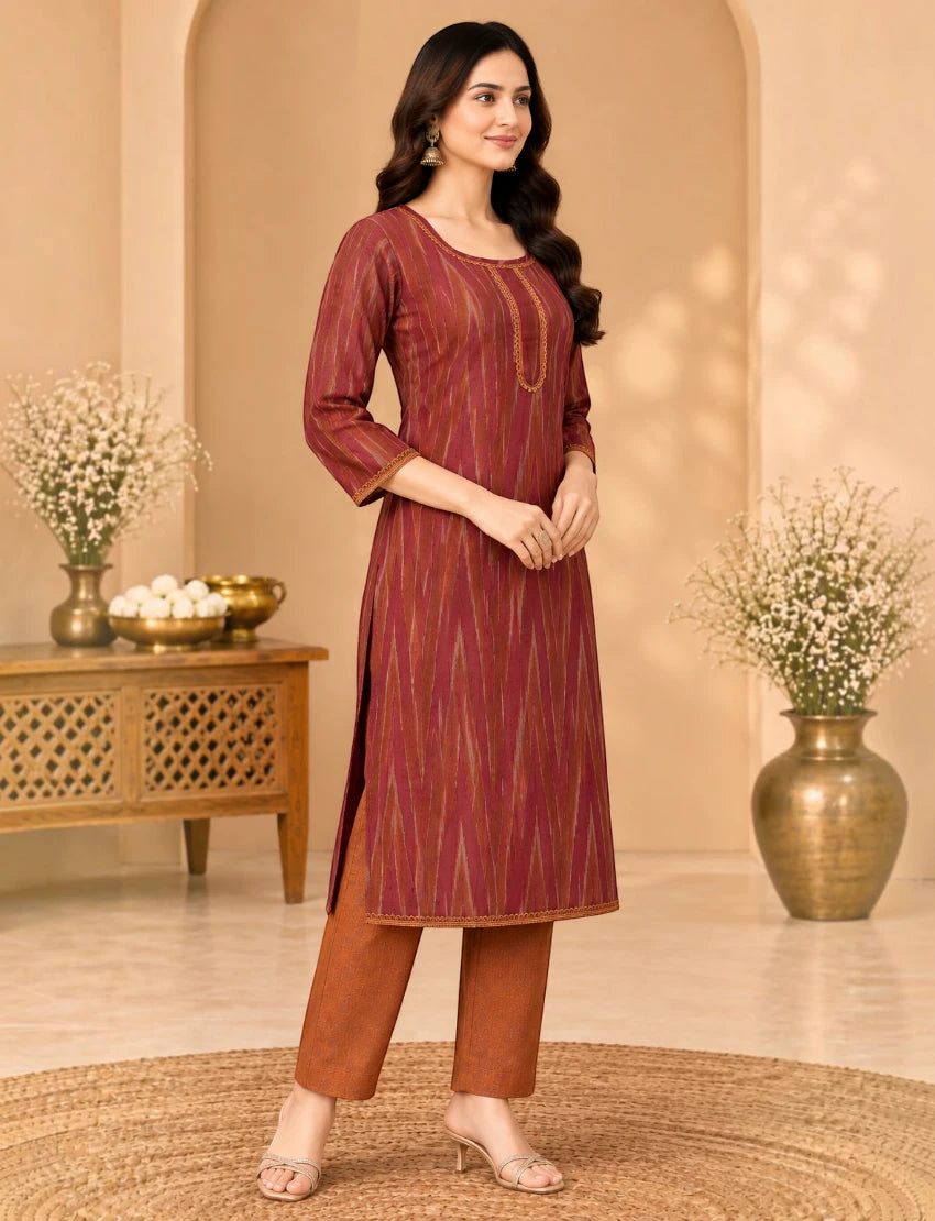 Khadi Maroon Salwar Suit Set with Kota Doriya Dupatta